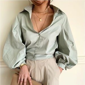 Crop cinched waist dress shirt in pastel green